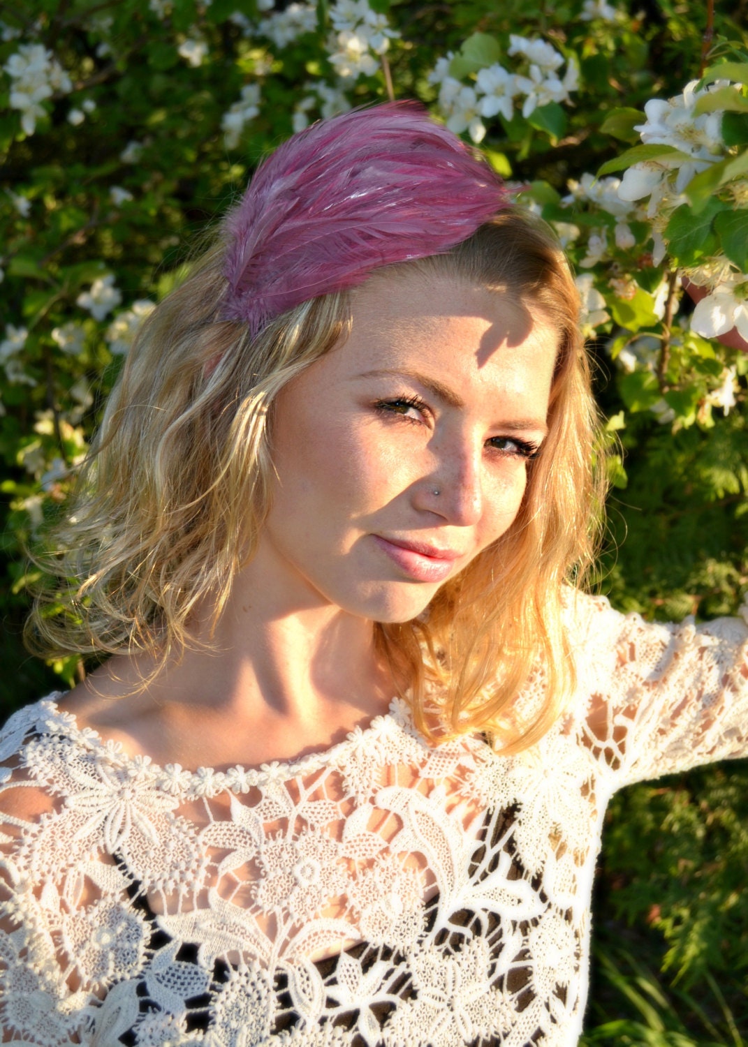 Feather Headband, Dusty Rose Hackle Feather Pad Headband, Metal Headband, Fascinator Hairband