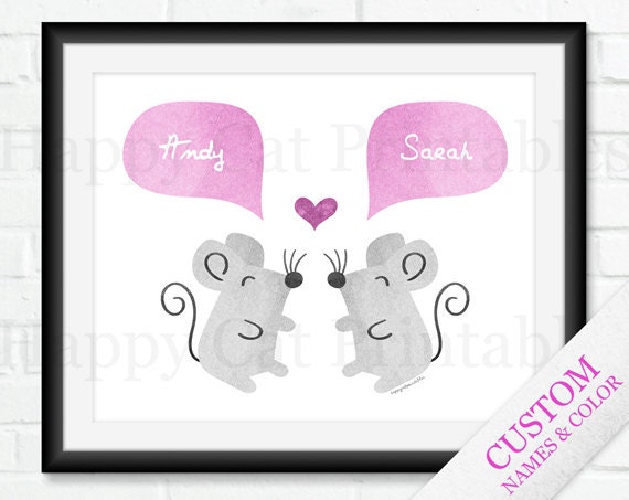 Mouse COUPLE Wall Art Printable Personalized Wall Decoration Name Animal Anniversary Gift Pink Gray Print Custom Home Decor Love Heart 8x10