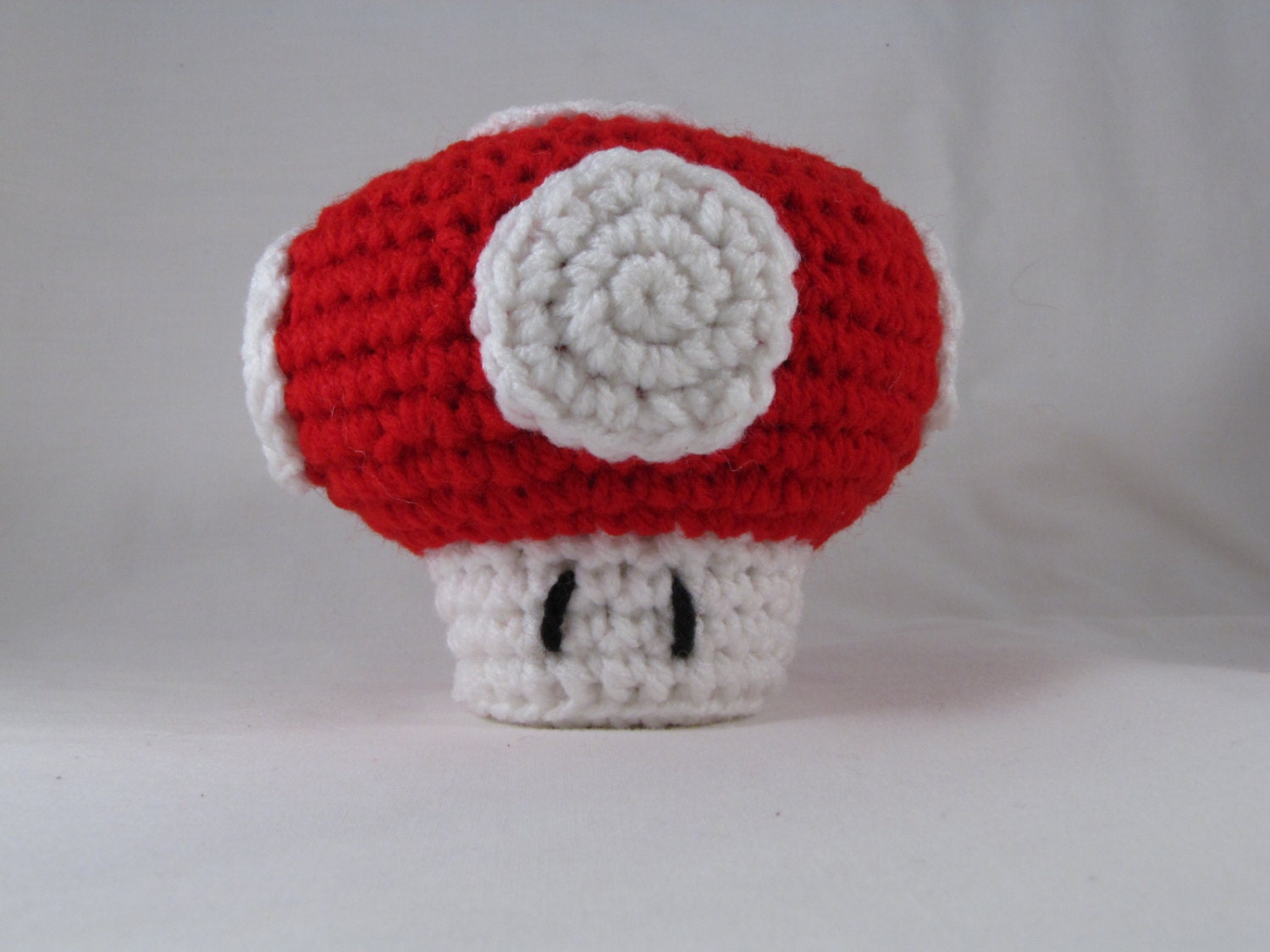 Mario Mushroom amigurumi red mushroom from Super Mario Bros. crochet doll, toy, plushie, geeky video game collectible.
