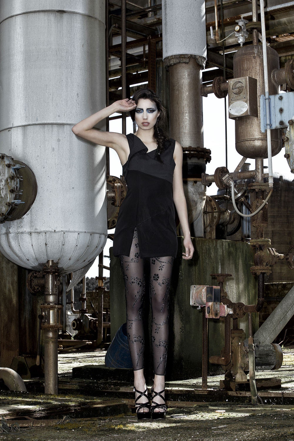 Asymmetric DRESS, geometric, short, black silk and cotton pinstripe, gothic sexy elegant gift minimal