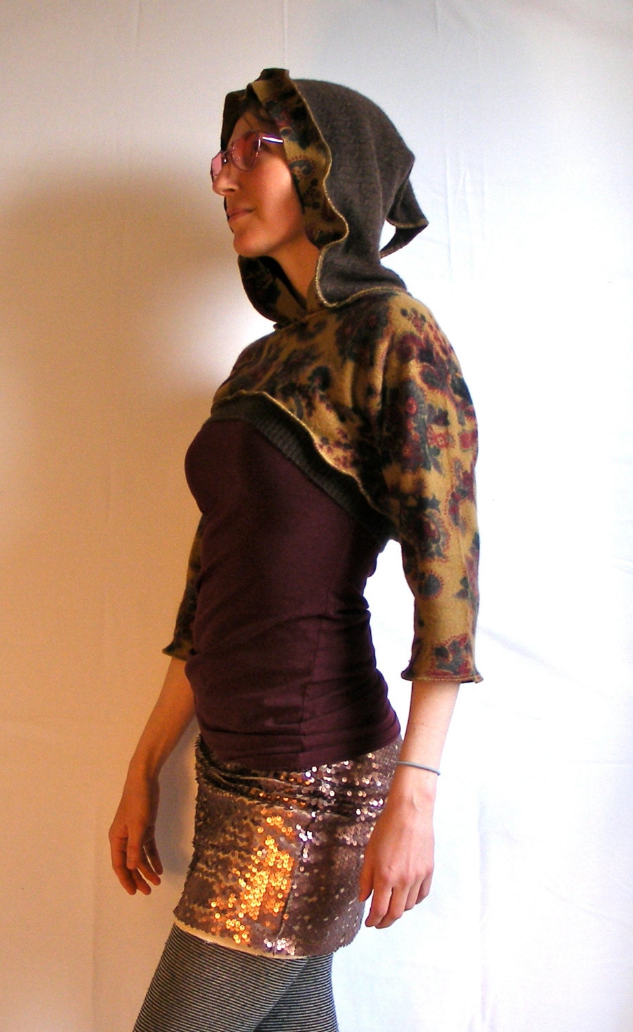 Repurposed and Recycled Sweater Shrug, Earth Tone Pixie Faery Floral Design with a Serged Woodland Elf Hood, Women's Size Medium - lovemadevisiblestore
