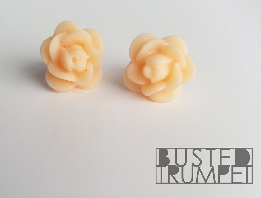 Orange Sherbert Flower Stud Earrings - Light Pastel Orange Floral Rose Bud Posts - Surgical Steel Posts