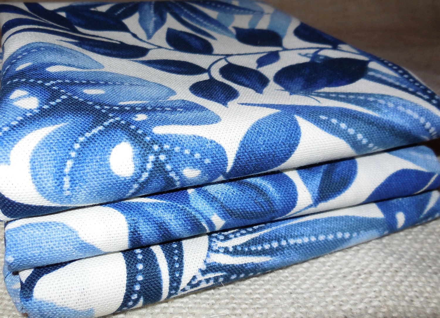 Tea Towels Set of 3 Handmade Cotton Floral Blue and White Print