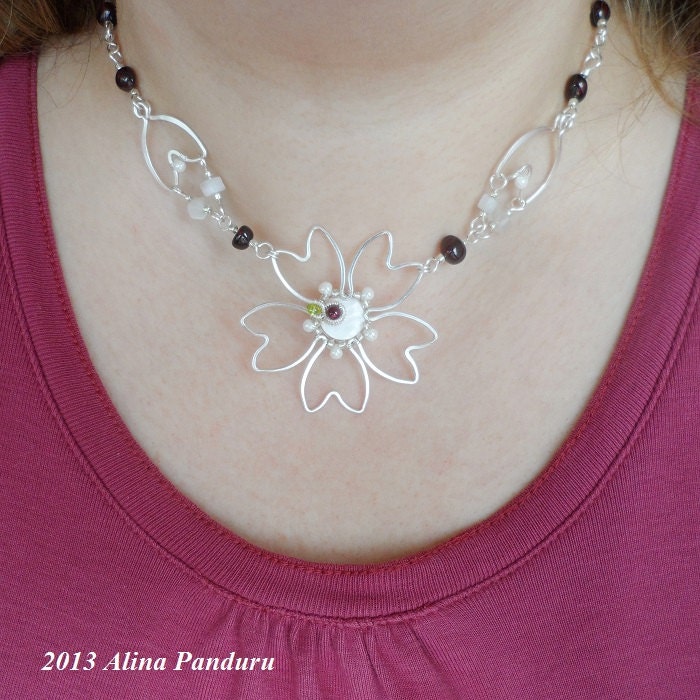CHERRY BLOSSOM - Silver Plated Wire Handmade Flower Necklace Wire Wrapped Wirework Jewelry - Mother of Pearl Garnet Cat-eye Spring Summer