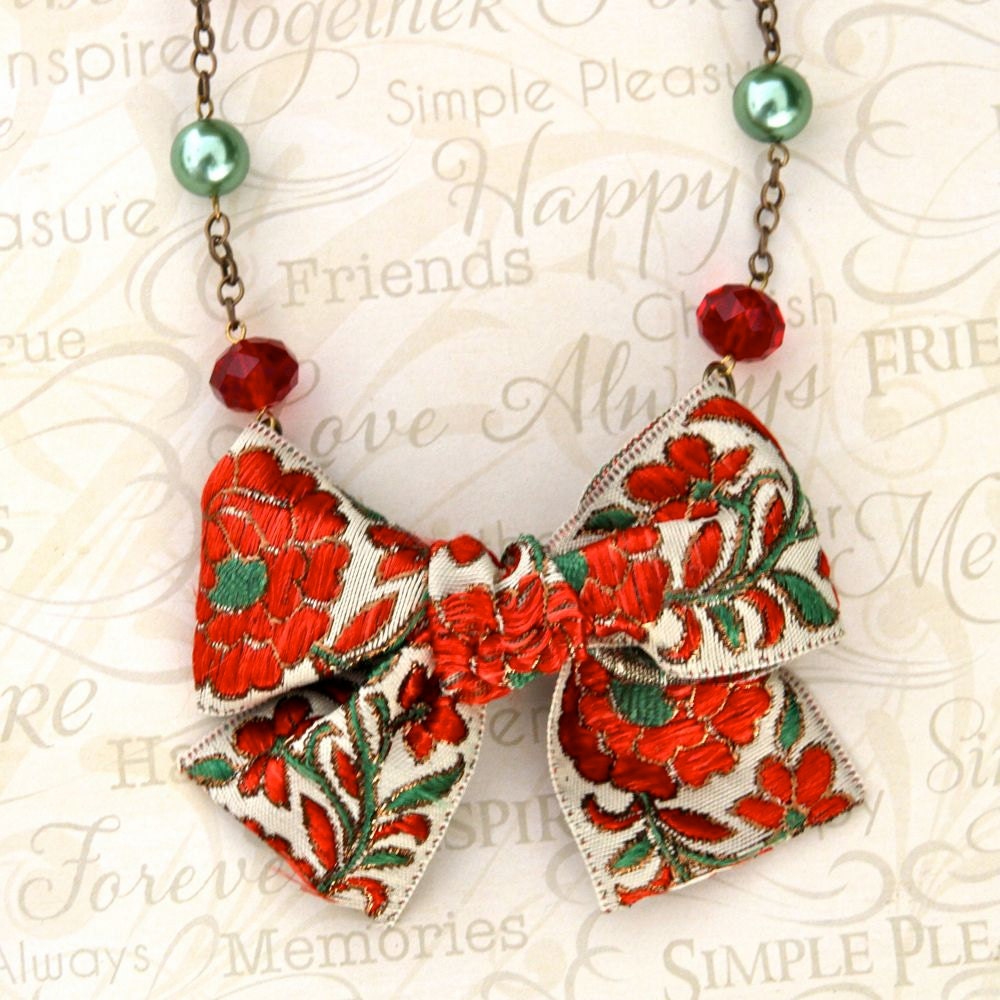 Bow Necklace Red Necklace Fabric Necklace Bib Necklace Flower Necklace Ribbon Necklace Pearl Necklace Statement Jewelry Textile Jewelry
