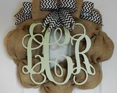 Burlap Front Door Wreath With Bow and Monogram Initials - Chevron Ribbon