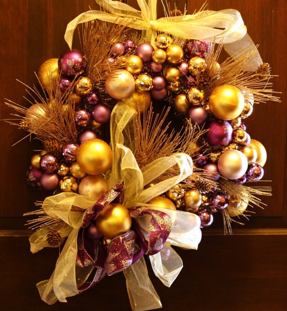 Purple and Gold Christmas Wreath - Holiday Wreath - Shatterproof ornaments - Glitter Ribbon