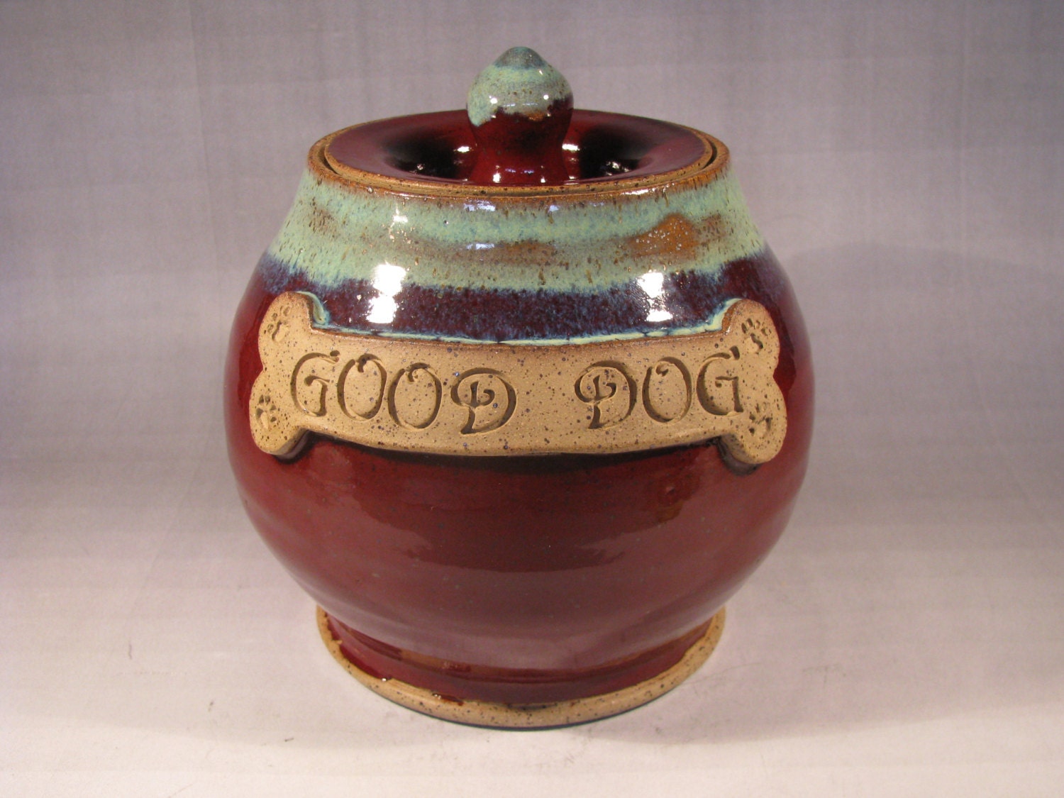 Pet Treat Jar, Turquoise and Brick Red, ceramic, pottery, stoneware