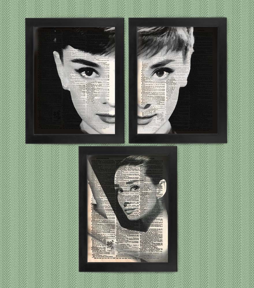 Audrey Hepburn portrait Vanity Fair art print set, dictionary Art, Book Art, wall Decor, Wall Art Mixed Media Collage