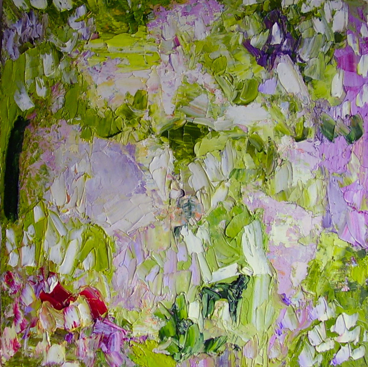 Painting, Spring Equinox, small abstract impressionist landscape, impasto oil, green, lilac, 8 x 8 inches