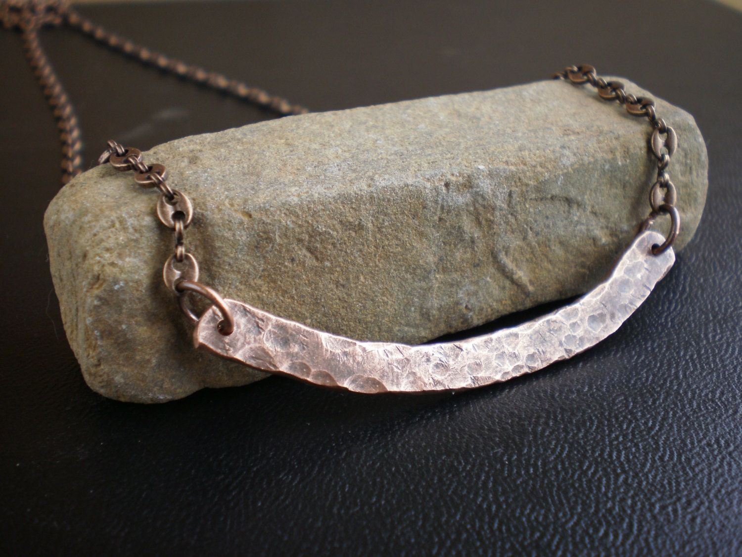 Hammered copper necklace, horizontal rustic bar