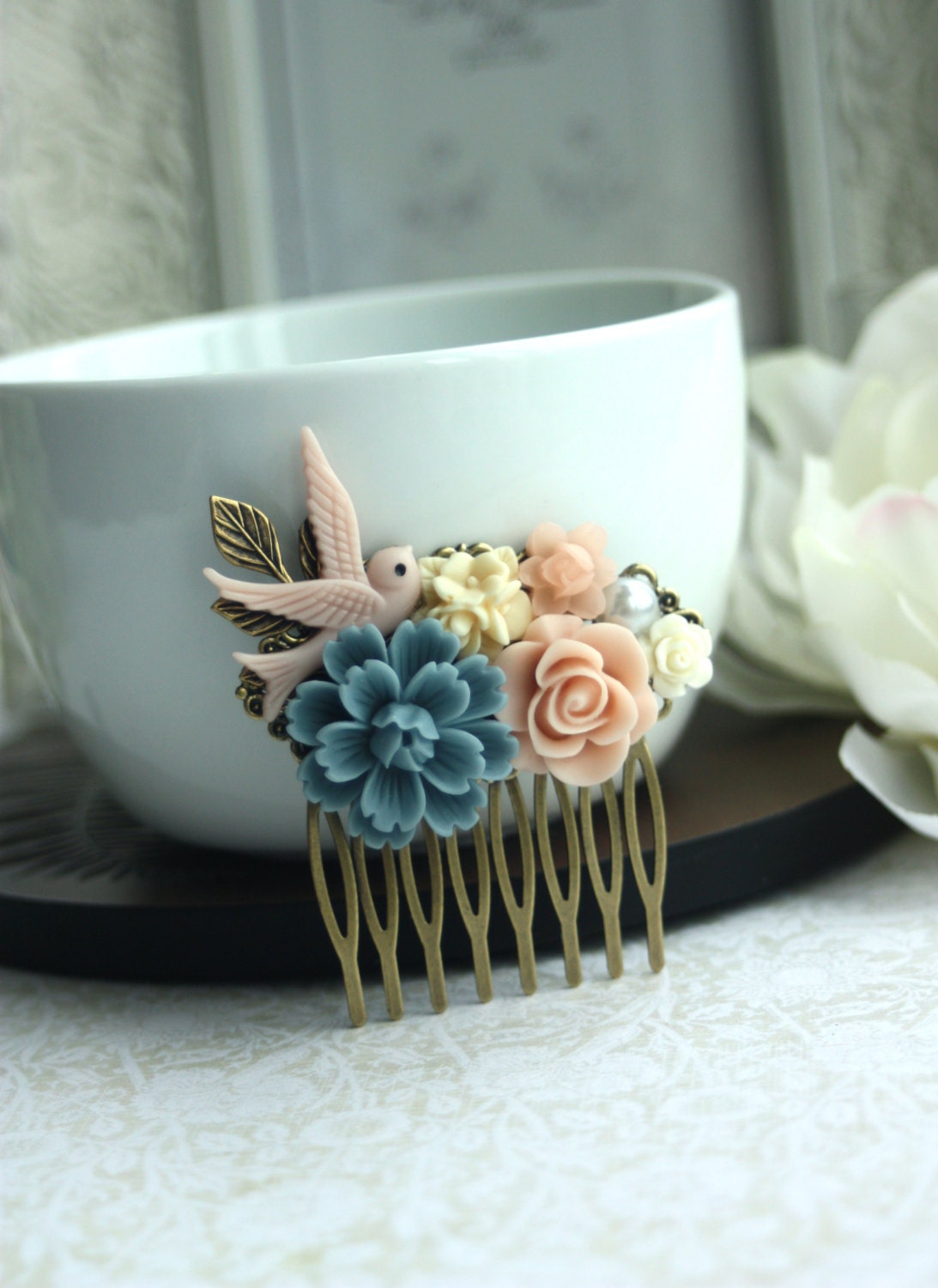 Dusty Blue, Blush Pink Rose, Pink Swallow Bird, Pearl, Ivory Flower Collage Hair Comb. Bridesmaids. Nature Wedding. Bridal, Blue Wedding.