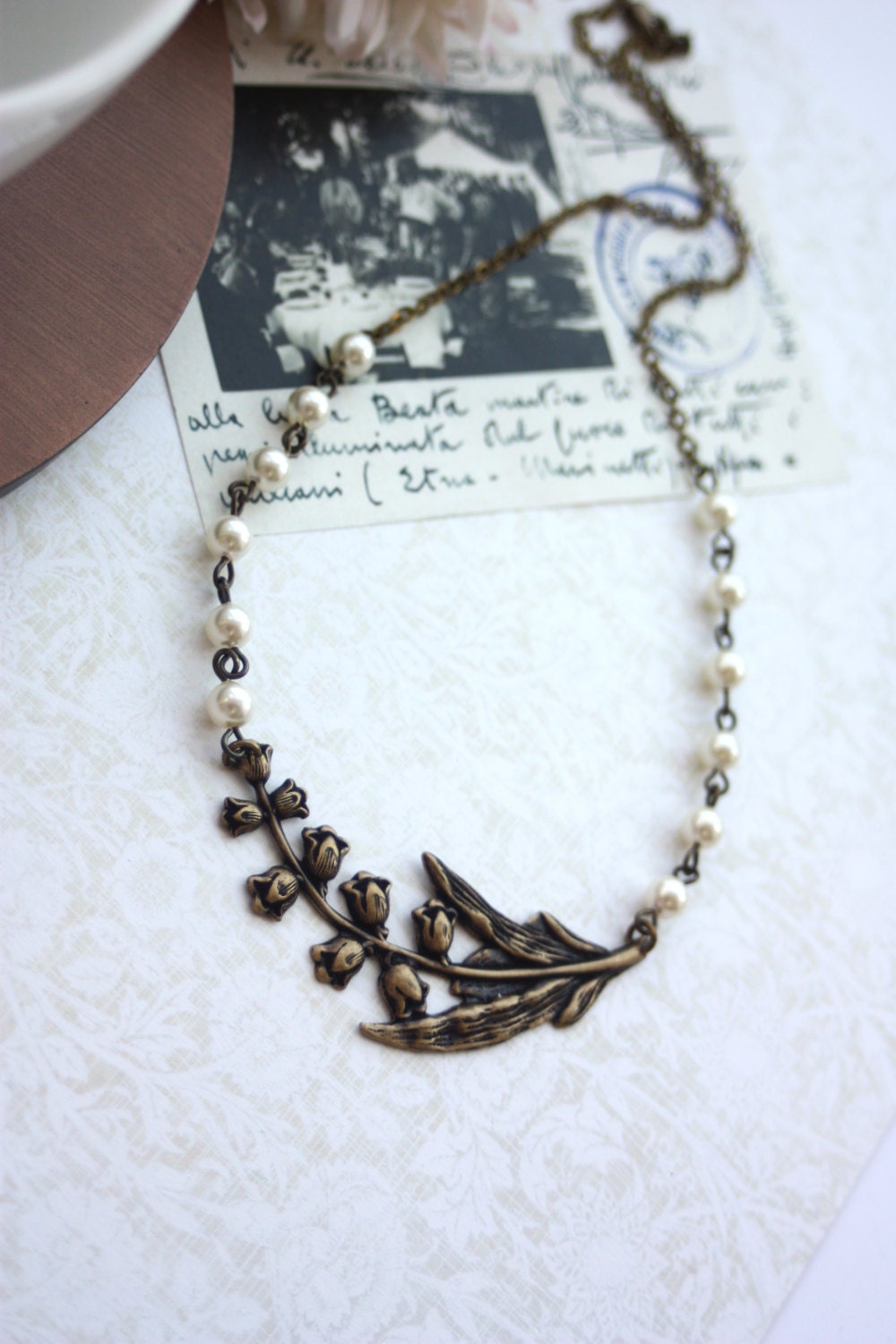 Large Lily of the Valley Branch Leaf Ivory Pearls, Vintage Style Necklace. Wedding Jewelry, Bridesmaids Gift, Bridal. Statement Necklace
