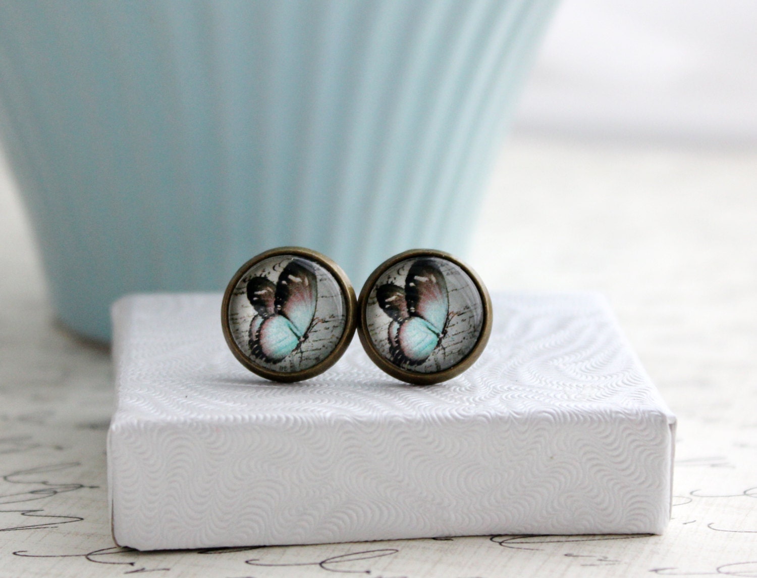 SHOP SALE- Aqua Blue Butterfly Post or Dangle Earrings. Light Blue. Summer Jewelry