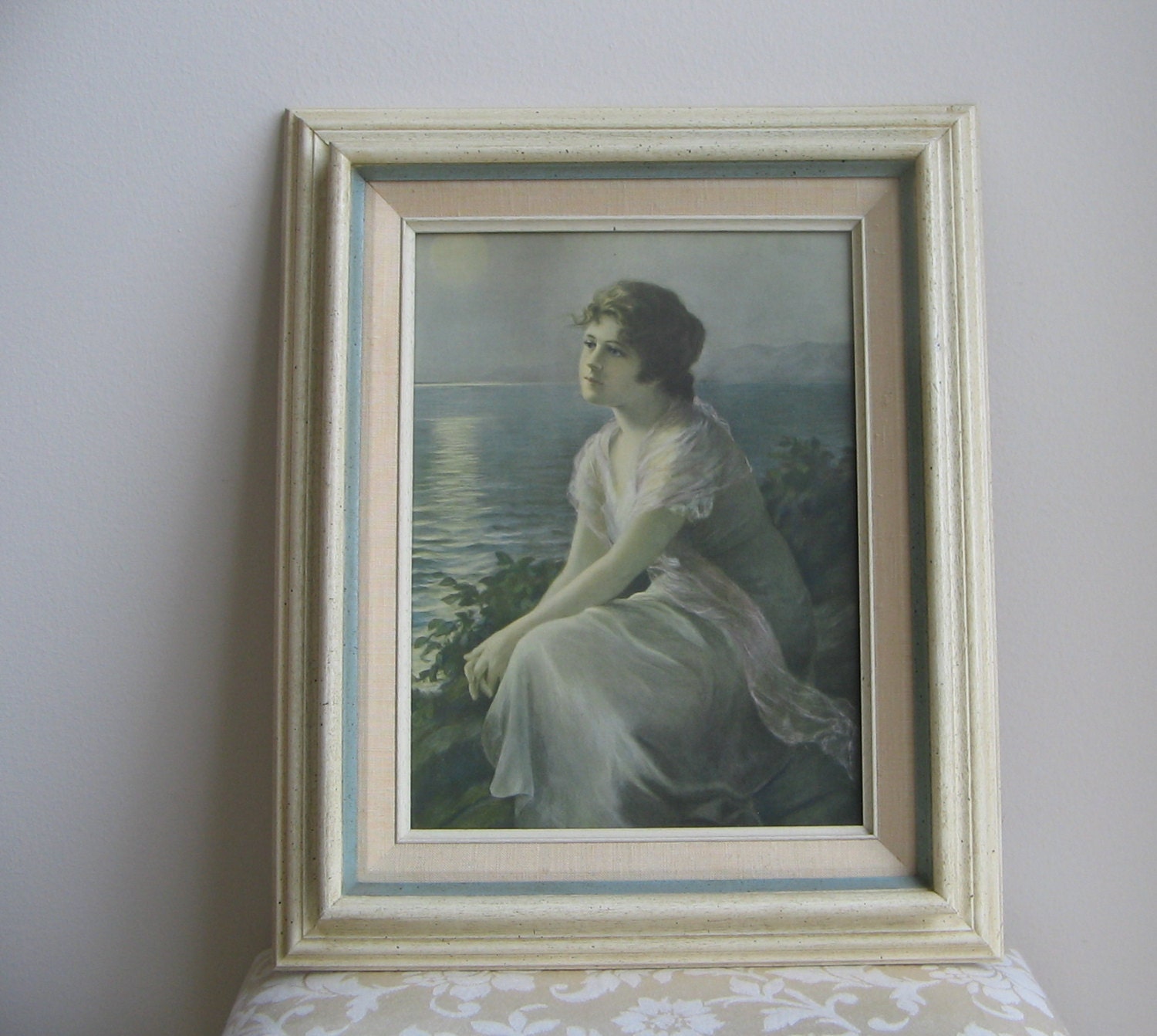 Vintage Woman Portrait Water Moonlight Wall Art, Ivory Linen Sage Green Beveled Wood Frame, Romantic Wistful Neoclassical
