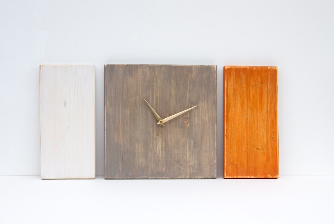 Geometric Clock wooden Minimal decor, children clock, 3 piece, white, driftwood, orange