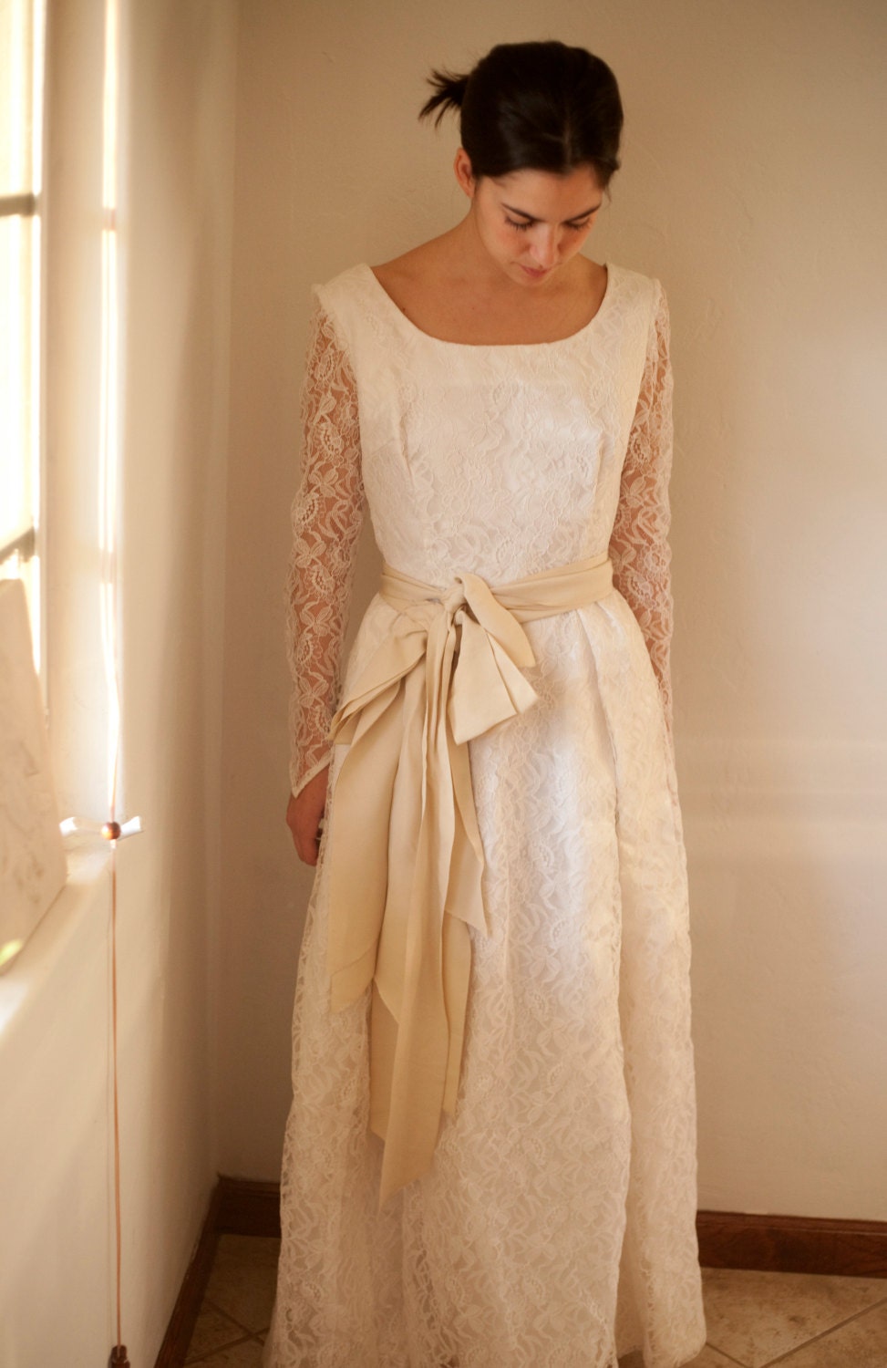 white lace long sleeve long swoop neck wedding dress - Elita