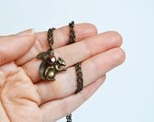 Squirrel Charm Necklace, Brass Squirrel Pendant with Copper Czech Bead, Woodland Creatures, Spring Wildlife Jewelry