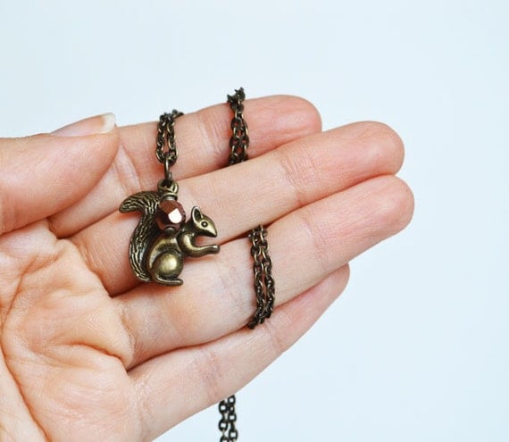 Squirrel Charm Necklace, Brass Squirrel Pendant with Copper Czech Bead, Woodland Creatures, Spring Wildlife Jewelry
