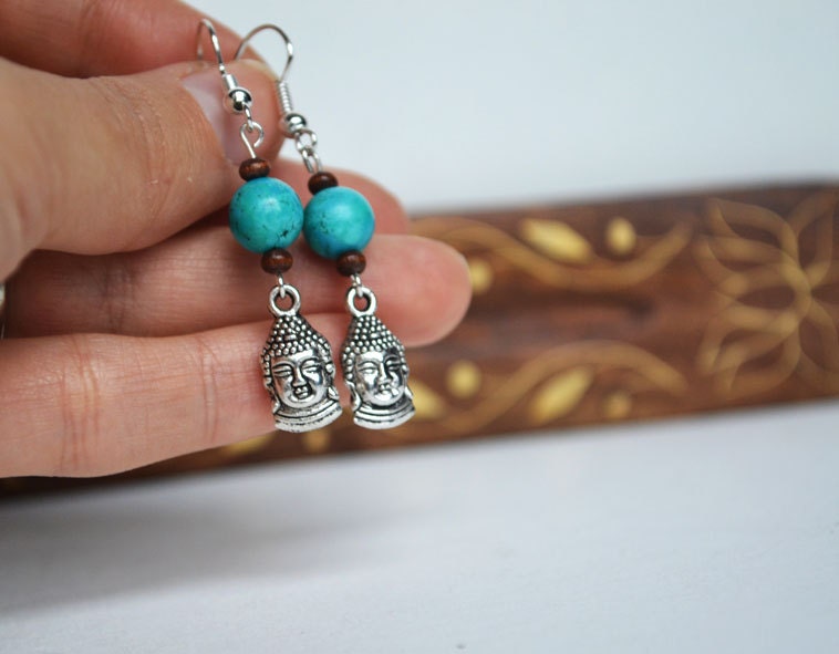 Buddha  Earrings Silver, Wood and Turquoise Jewelry, Zen Buddah Silver Charm Earrings, Love n Lavish
