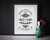 Kitchen Poster, Gin Print, Quotes, Kitchen Art, Black and White Art, Quote Print, Gin, Gift for Her, Given Enough Gin I Could Rule the World