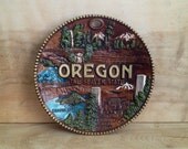 Vintage Oregon Map Wall Plate, Decorative, Ceramic, 1970s