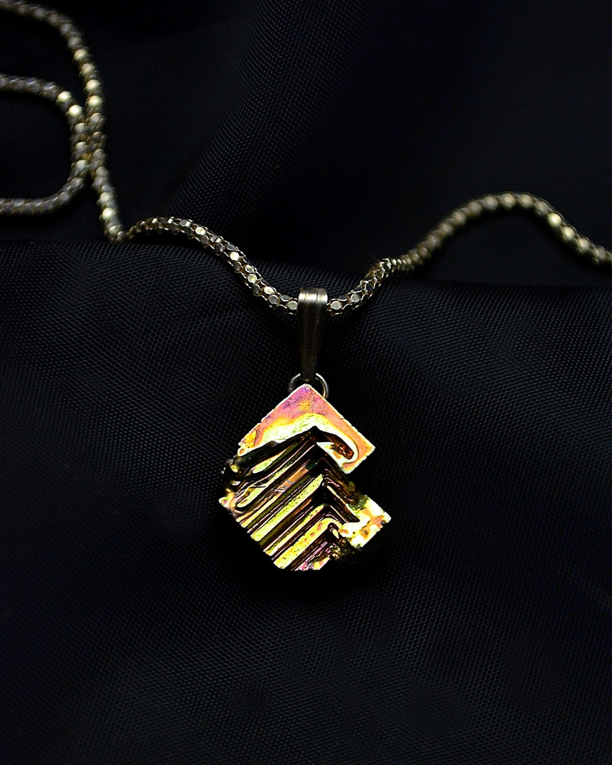 Little Arrow,  Iridescent Bismuth Crystal and Sterling Silver Pendant. Unique, Fractal, Artistic Jewelry