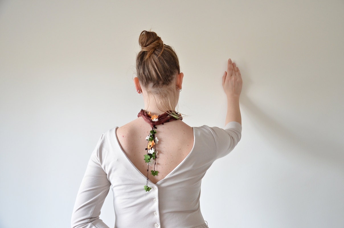 Leaves, Brown Silk Foulard, Crochet Necklace, Beadwork, Silk Necklace, Crochet Jewelry,  Mother's Day Gift - ReddApple