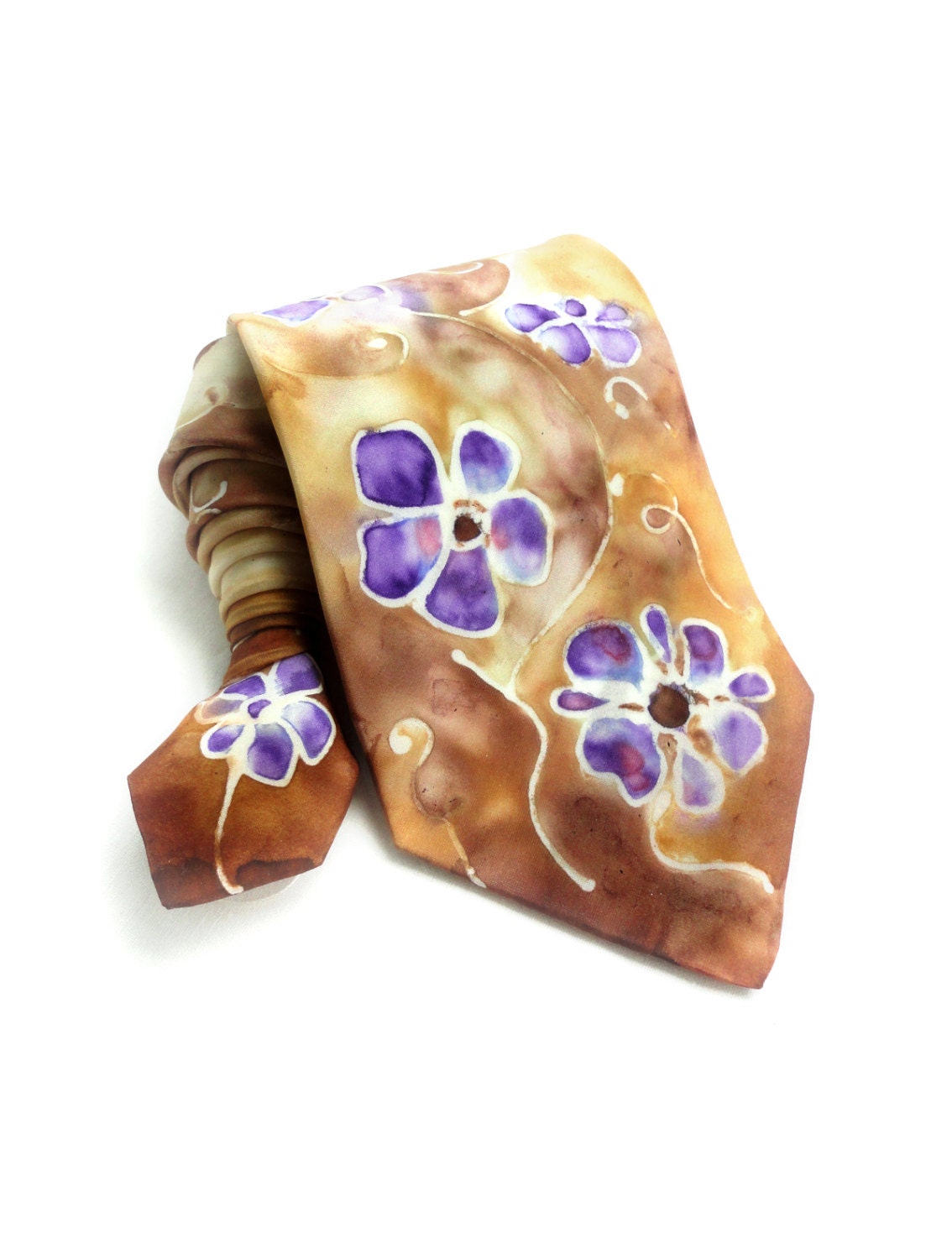 Bronze Brown NeckTie. Hand Painted Silk Tie. Gift for Him. Purple Flowers Tie. SIlk Neck Tie. Ready to Ship.