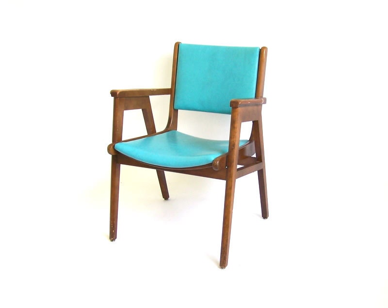 Vintage Armchair Blue Turquoise Vinyl Walnut Wood Frame Lounge Office Fireside Chair Danish Retro Mid Century Modern Atomic Eames Furniture
