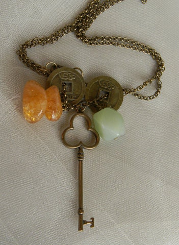 Carved jade & citrin nuggets w/ brass skeleton key and Chinese coins necklace , long brass chain , gemstone beads charms , handmade necklace