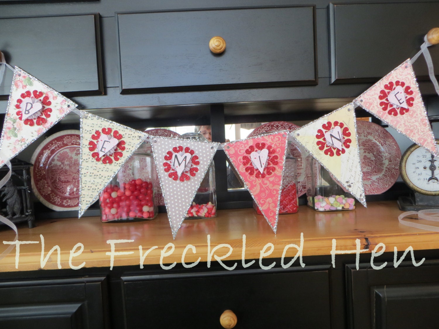 FREE SHIPPING OOAK Victorian "Be Mine" Valentine / Wedding Garland or Banner in Pinks, Silvers and Reds