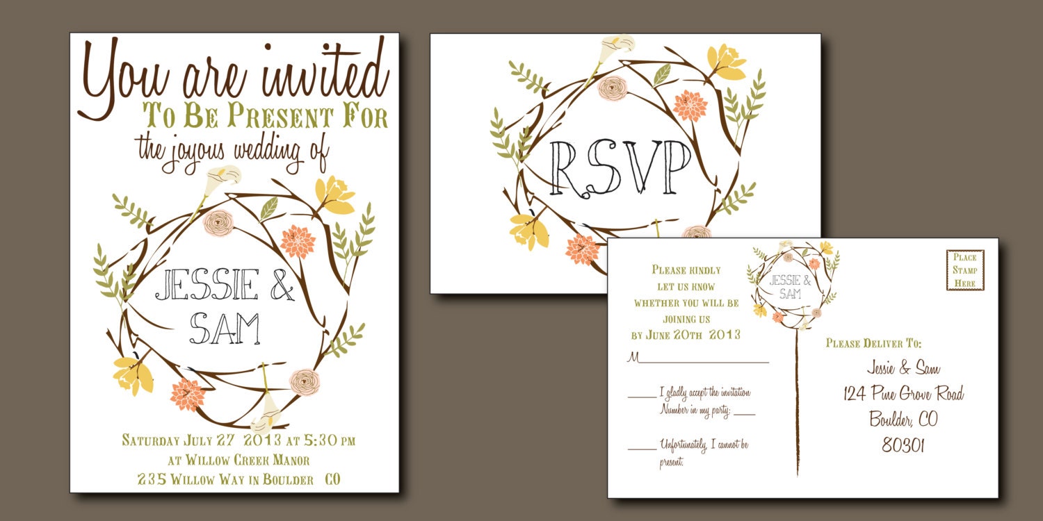 Bohemian Summer -- Summer Wedding Invitation with RSVP postcard - Floral Bouquets, Vintage Style