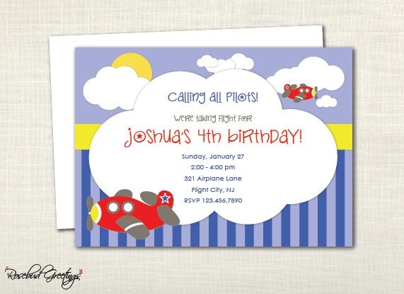 Airplane Pilot Flight Birthday Party or Boy Baby Shower Invitation - adventure, plane, flight - digital file, printable, print yourself Il_570xn