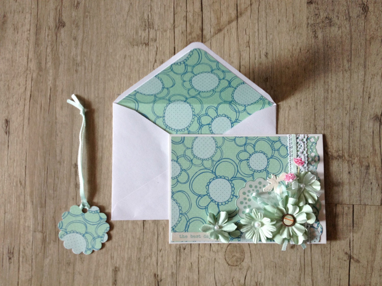 Crafted post card with envelope - 3 d ooak greeting card - tender pastel mint grey rustic - summer trend lace flowers - europeanstreetteam