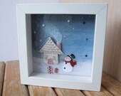 Original Resin 3D mixed media Wall frame with handmade clay house, presents and snowman, Original assembladge nursery wall decoration