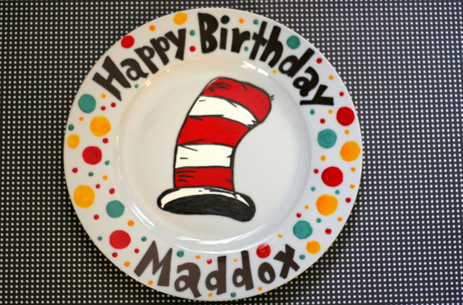 Happy 1st 2nd 3rd 4th Birthday Hand Painted Cat in the Hat Personalized Custom 10.5 inch dinner sized Porcelain Plate for guests to sign