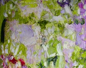 Painting, Spring Equinox, small abstract impressionist landscape, impasto oil, green, lilac, 8 x 8 inches
