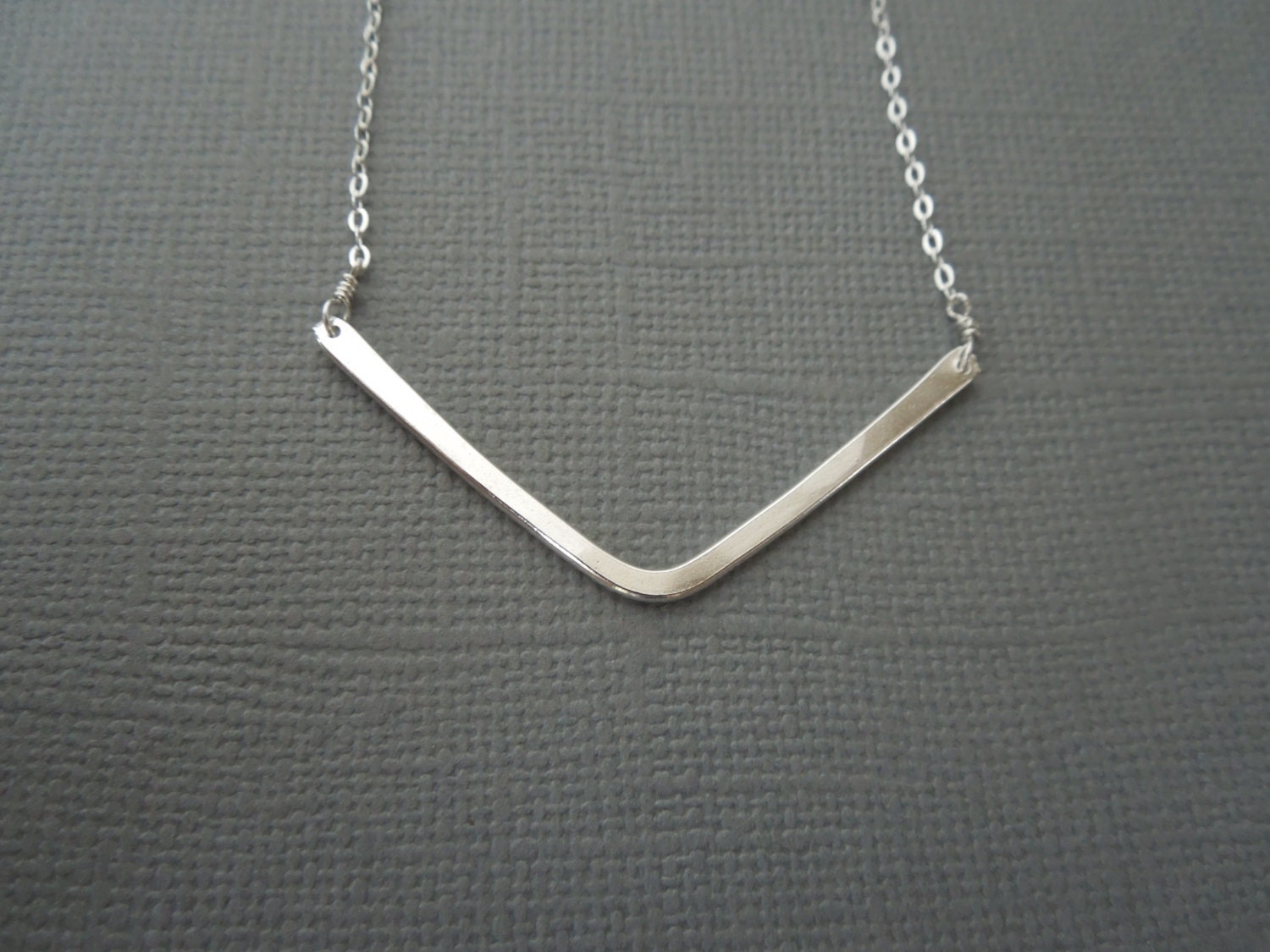 chevron necklace, sterling silver, modern, simple, shiny, geometric, everyday, bar, v, hammered