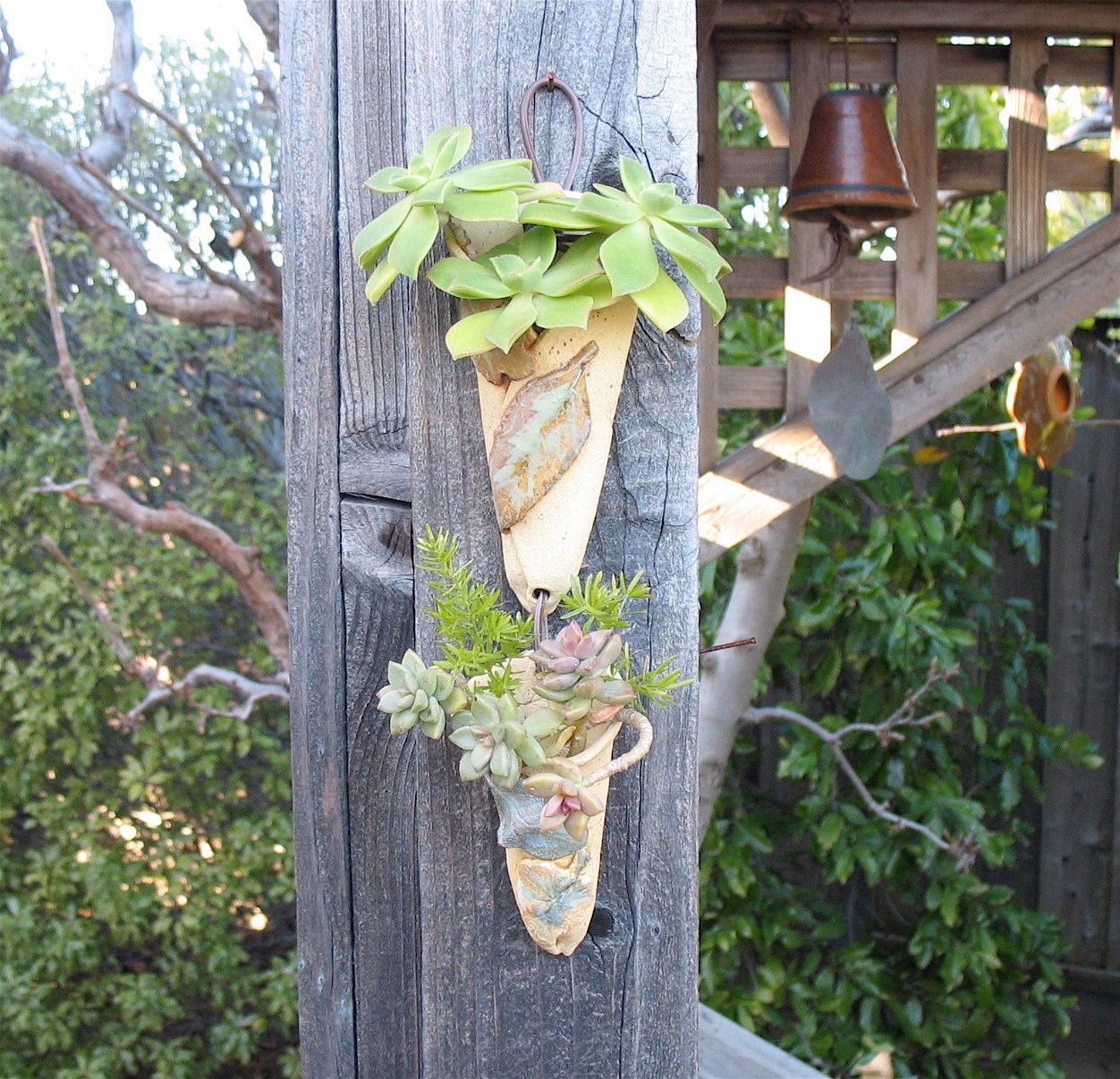 2  Small Hanging Wall Vases - Two Sided -  Real Leaves Applied & Imprinted - Planters - Wall Pockets
