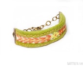 Felt embroidered bracelet: Spring. Green,orange and beige. Hand embroidery