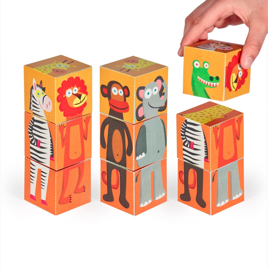 JUNGLE Animals Blocks - Printable PDF Toy - DIY Craft Kit Paper Toy - 3 paper blocks - Heads, Arms and Legs  - Birthday Party Favor