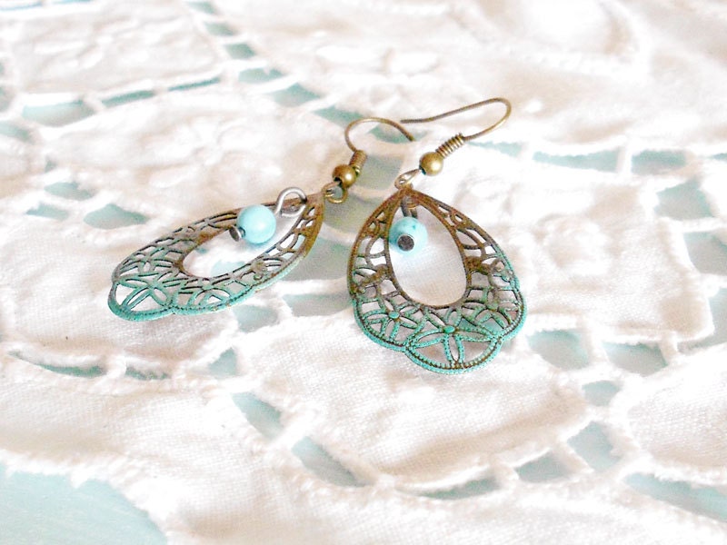 CLEARANCE Boho Ombre Turquoise Filigree Earrings -  Shabby Chic Summer Natural Turquoise & Antique Brass - Patina Chandelier Earrings