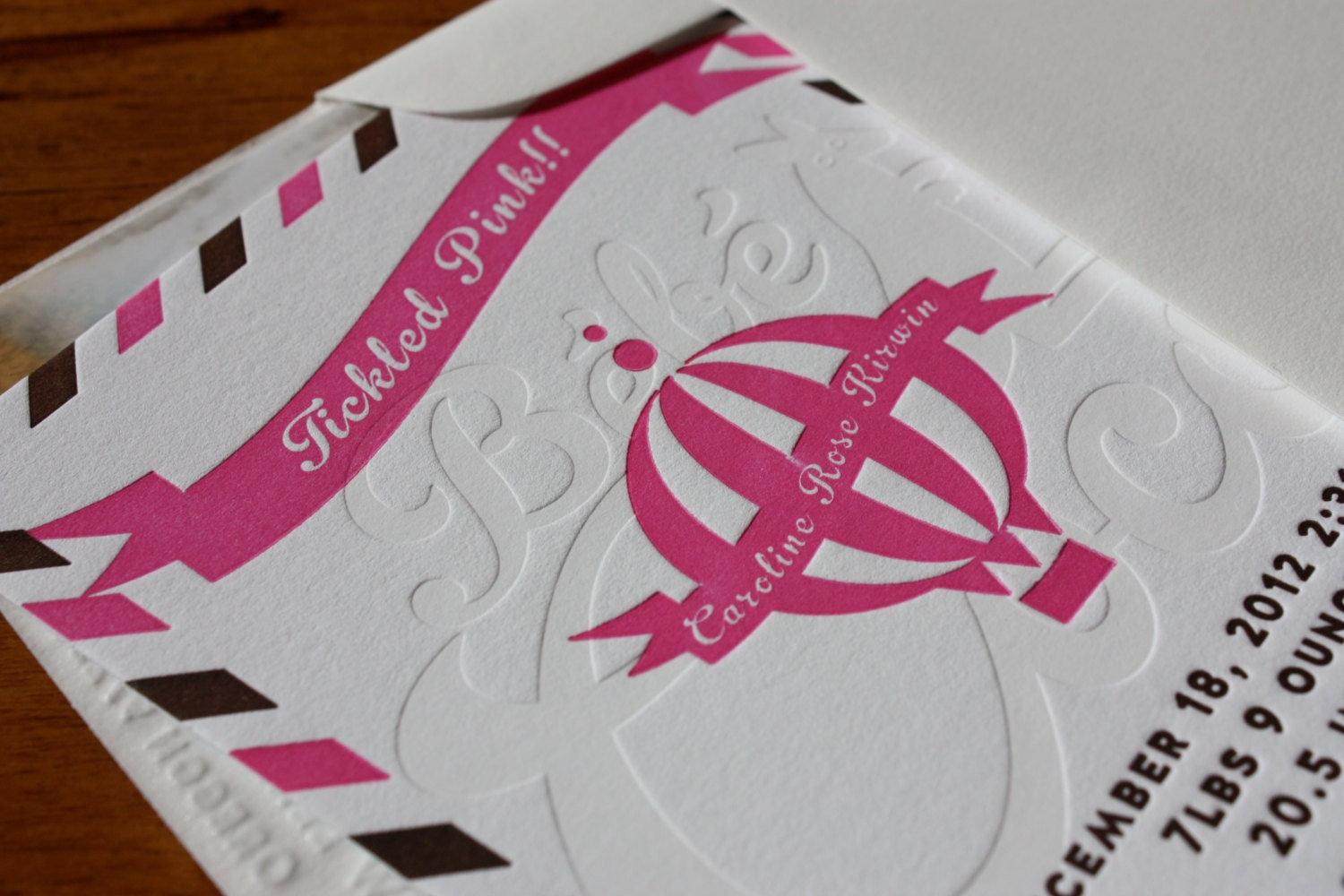 30 Custom Letterpress Birth Announcements - Tickled Pink French Airmail-quirky personalized letterpress FREE US SHIPPING