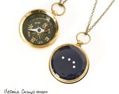 Aries Constellation Necklace with Working Compass, Pocket Compass, Long Brass Chain, Stars, Astronomy, The Ram, March April Birthday