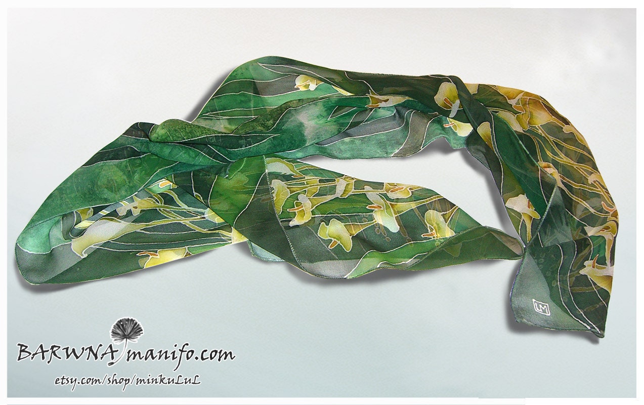 Silk scarf FERN FLOWER hand painted - MinkuLUL