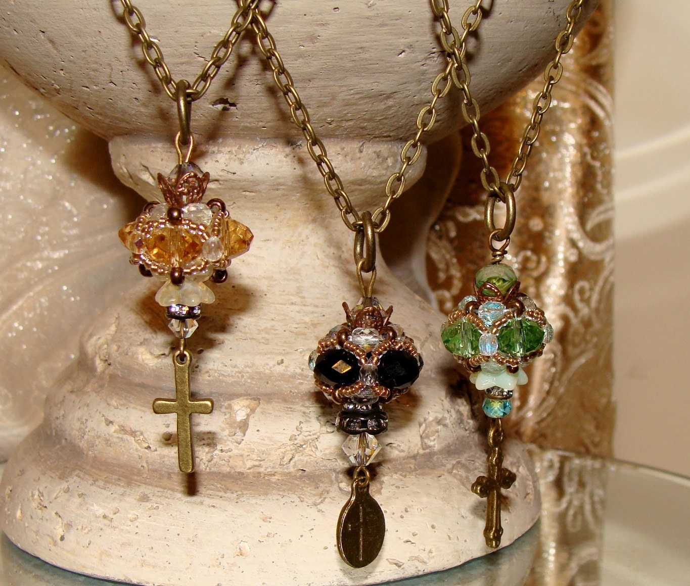 Beaded bead crystal cross necklace