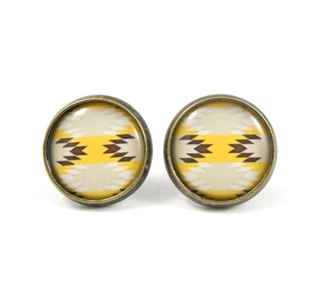 Tribal Stud Earrings - Tribal Jewelry - Yellow Brown Tribal Earrings - Native American - Southwestern Jewelry