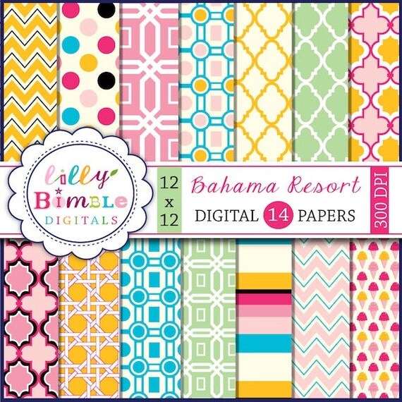INSTANT DOWNLOAD Bahama Resort digital scrapbook papers quatrefoil, trellis, modern, summer Il_570xn
