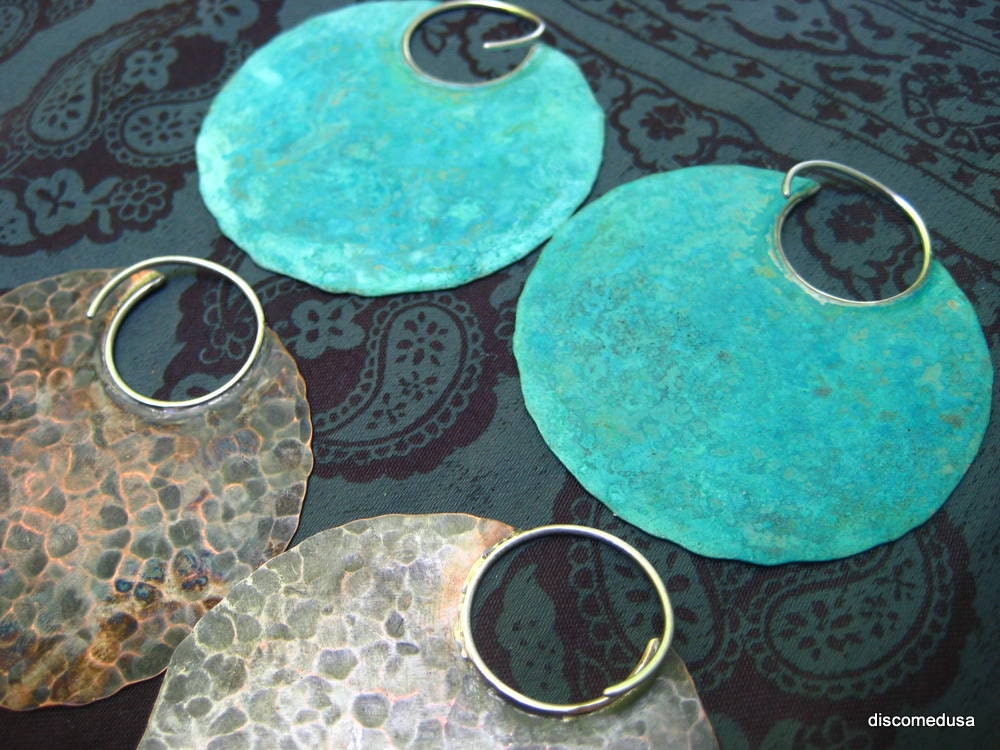 Instant Collection-  2 pairs of extra large blade tribal hoop earrings (verdigris & copper) FREE domestic shipping - discomedusa